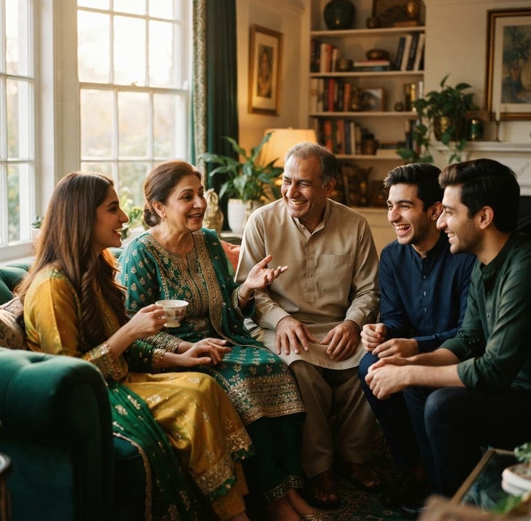 Warm editorial photography, soft golden-hour window light, rich emerald and gold tones, shallow depth of field, 35mm. A dignified Pakistani family, parents and adult children, conversing warmly in a well-appointed living room, focus on their engaged expressions and hands, light from a large window.