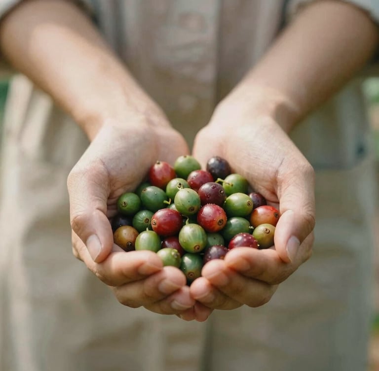Close-up of hands holding freshly harvested green and red coffee cherries, warm natural sunlight, earthy soil tones.