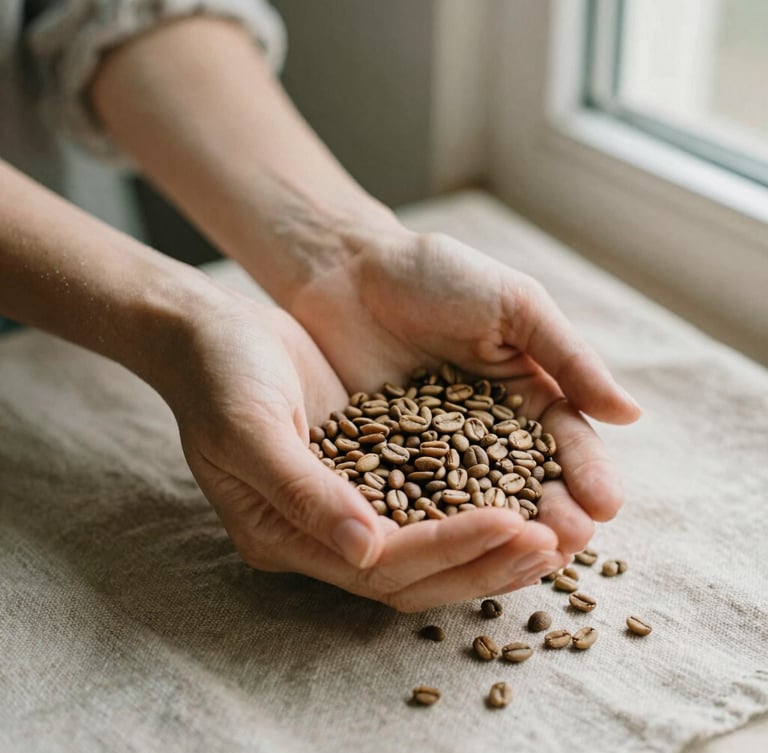 Primer plano de manos femeninas sosteniendo granos de café recién tostados sobre una tela de lino texturizada, con enfoque suave y luz de ventana, tonos tierra.