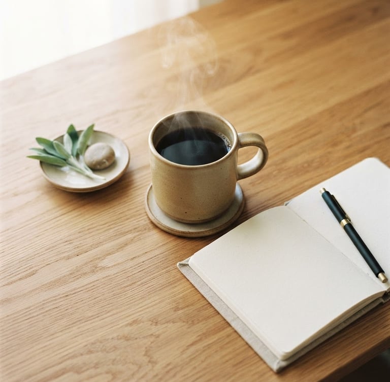 Overhead flat-lay of a minimalist wooden desk, a steaming ceramic mug of black coffee next to a clean notebook, soft morning window light, warm sand tones.