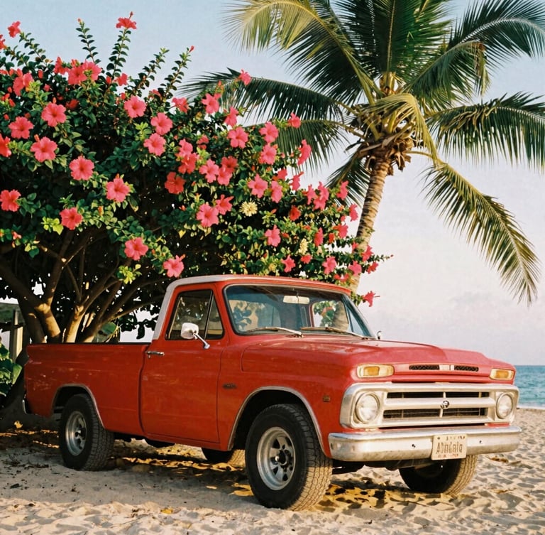 Vibrant low-angle 35mm photograph of a vintage red Chevy pickup truck parked on a beach, overgrown with bright pink hibiscus flowers and lush palm fronds, warm golden-hour sunlight, analog film grain.