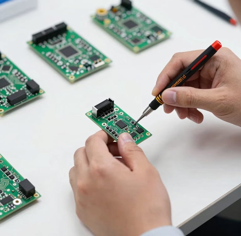 Close-up of hands assembling a physical circuit board with precise tools on a stark white workbench, bright laboratory lighting, sharp focus, 50mm lens.