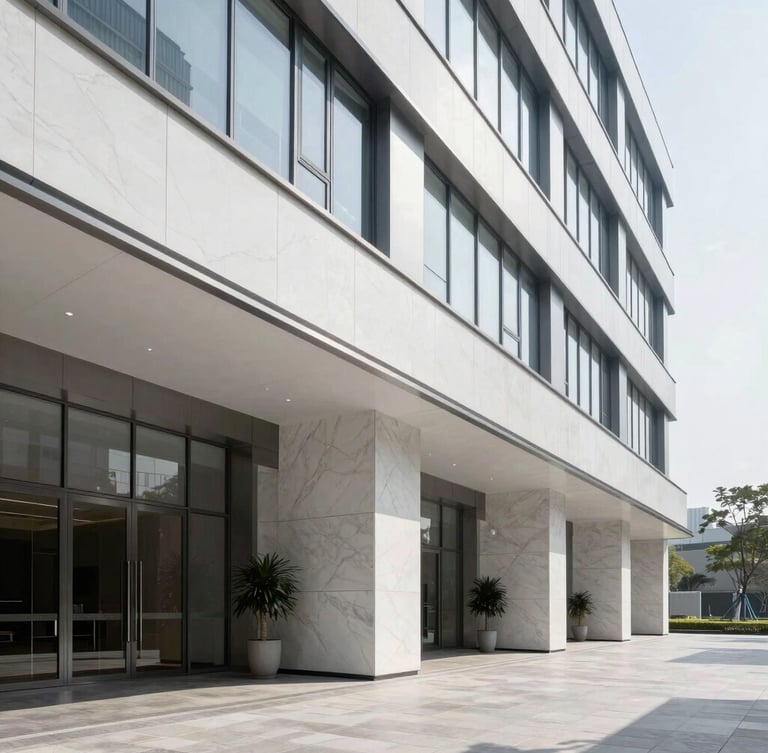 Sharp architectural crop of a modern corporate lobby with clean lines, high-end marble and steel surfaces, bright natural daylight, cool minimalist tones.