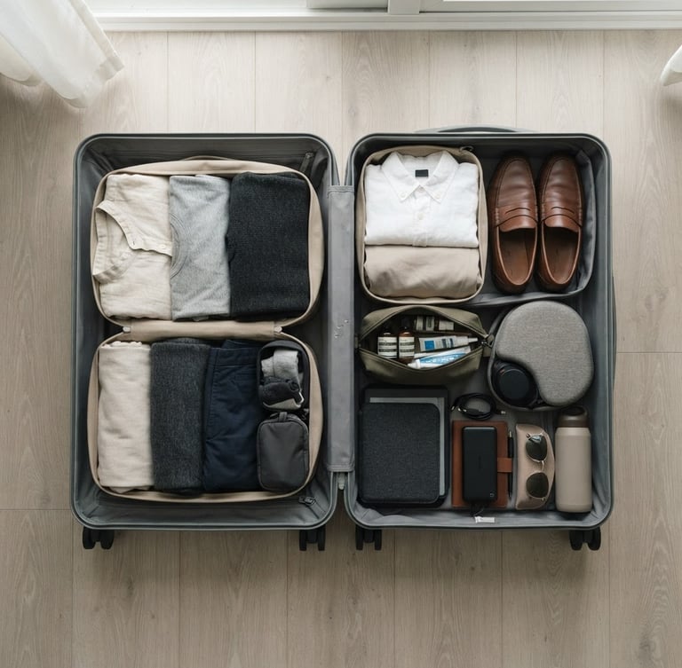 Overhead minimalist flat-lay of a perfectly organized carry-on suitcase with neutral travel gear, soft daylight, sharp focus