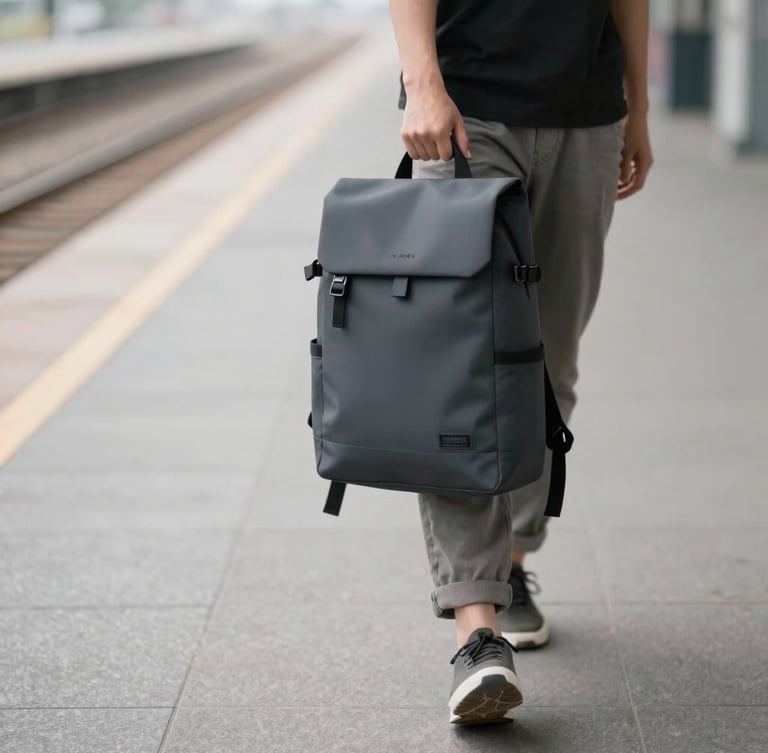 Medium-close shot of a traveler walking down a quiet train platform holding a sleek minimalist backpack, soft natural overcast light