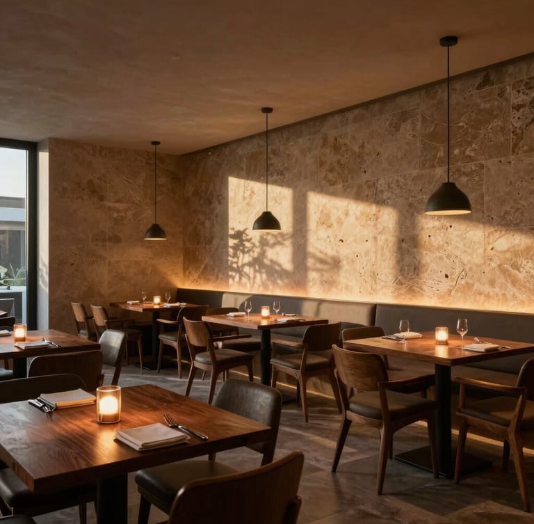 Cinematic wide shot of a luxury restaurant interior at twilight, warm low-angle lighting casting long shadows on textured limestone walls and dark oak tables, empty, atmospheric.