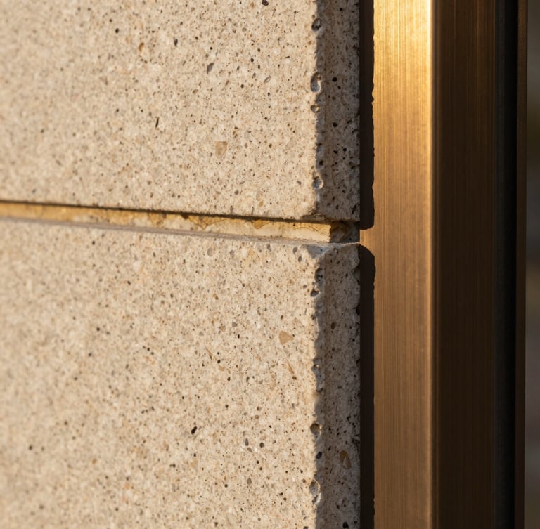 Macro detail of textured travertine stone meeting brushed bronze metal under soft golden hour light, architectural lines.