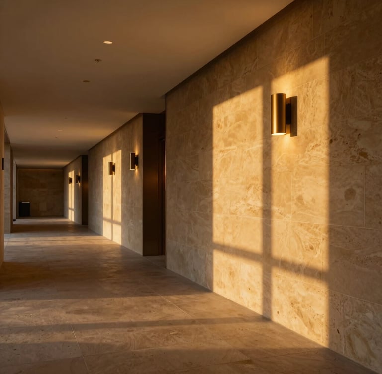 Cinematic wide shot of a luxury hotel corridor at twilight, low-angle golden light casting dramatic shadows on textured warm stone walls, minimalist bronze fixtures glowing softly, negative space on the left.