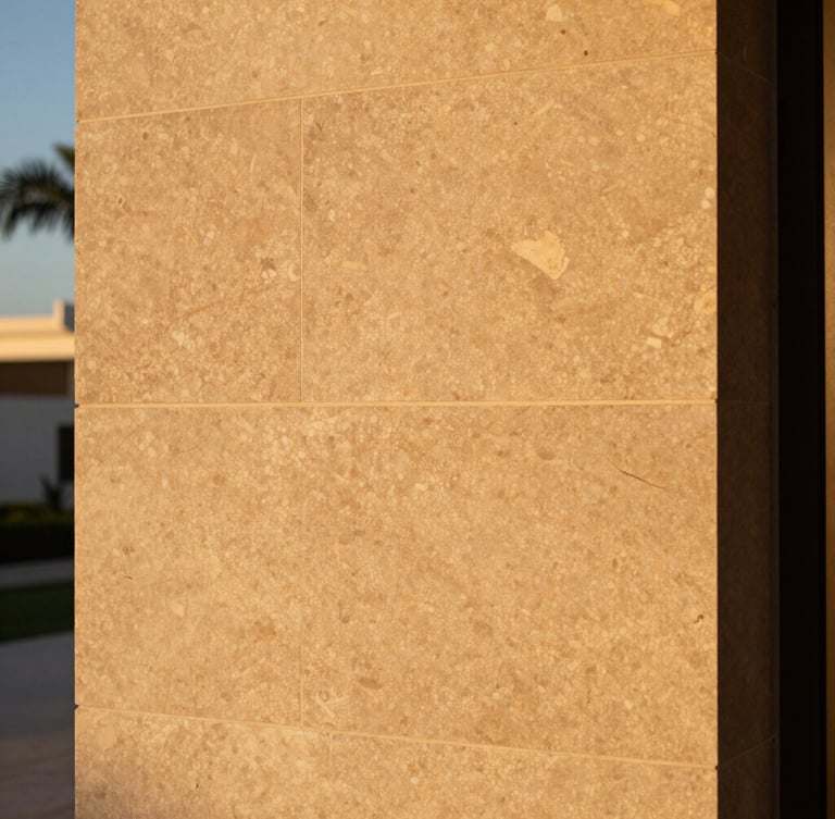 Primer plano cinematográfico de piedra natural texturizada y bronce cepillado bajo luz cálida de atardecer, atmósfera de hotel boutique de alta gama.