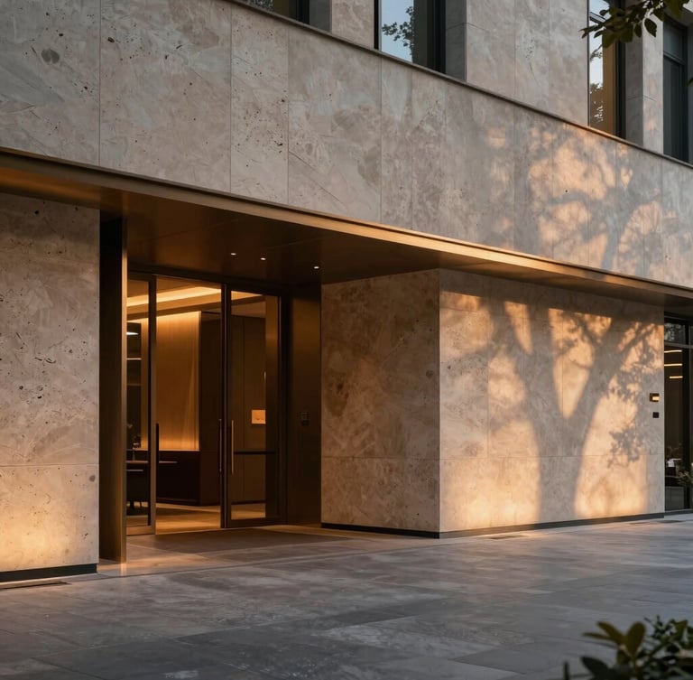 Cinematic wide shot of a luxury hotel lobby at dusk, warm low-angle lighting casting long shadows on textured travertine stone walls, minimalist bronze details, negative space on the right.