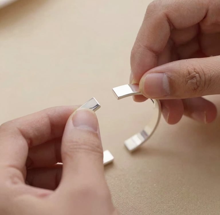 Extreme close-up of a craftsman's hands carefully polishing a solid silver geometric cuff bracelet, soft daylight, warm sand background, macro lens
