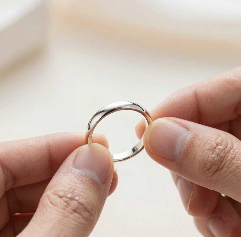 Extreme close-up of a jeweler hand-polishing a raw silver band, soft natural light, dust particles in air, macro focus