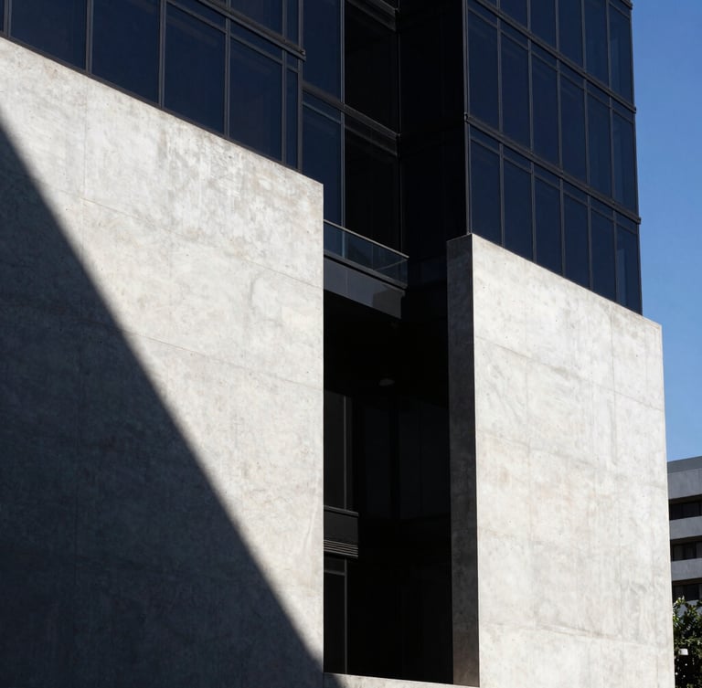 Crisp, high-contrast sunlight on a modern concrete and glass facade in Mexico City, sharp architectural shadows, deep navy tones, wide-angle lens, editorial style