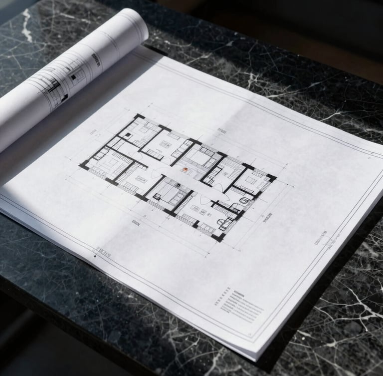 Premium architectural photography of clean-cut architectural blueprints resting on a dark marble table, sharp dramatic side lighting casting deep shadows, editorial style