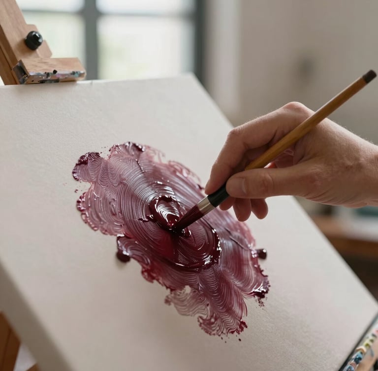 Close-up of the artist's hand gently applying a translucent wash of deep burgundy paint onto a textured canvas, soft natural daylight from a Quito studio window, shallow depth of field.