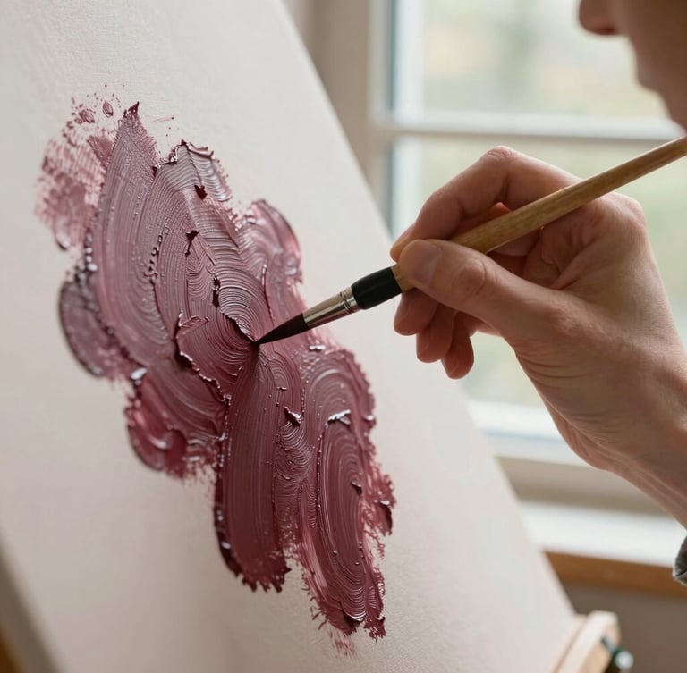 Close-up of hands painting with a fine brush on a textured canvas, warm natural daylight from a studio window, rich burgundy paint strokes visible