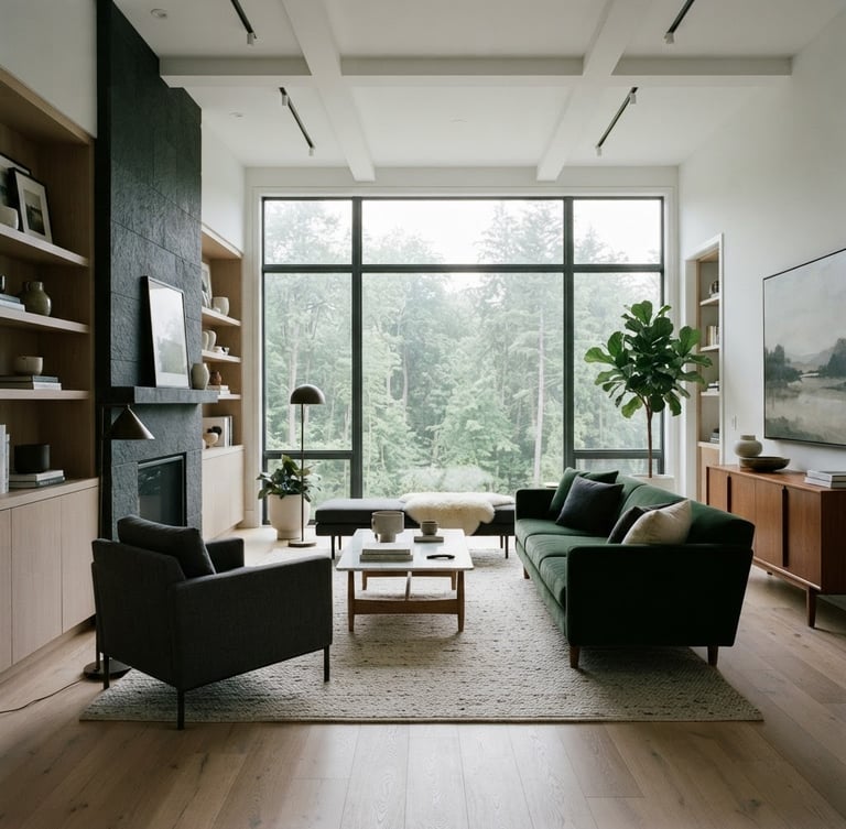 Architectural interior view of a luxury residential living room, crisp drywall lines, custom white oak millwork, natural overcast light coming through large windows