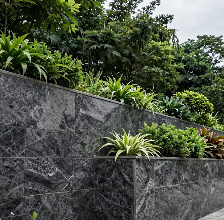 Architectural close-up of a finished granite retaining wall integrated with lush forest green plantings, soft overcast daylight, sharp focus.