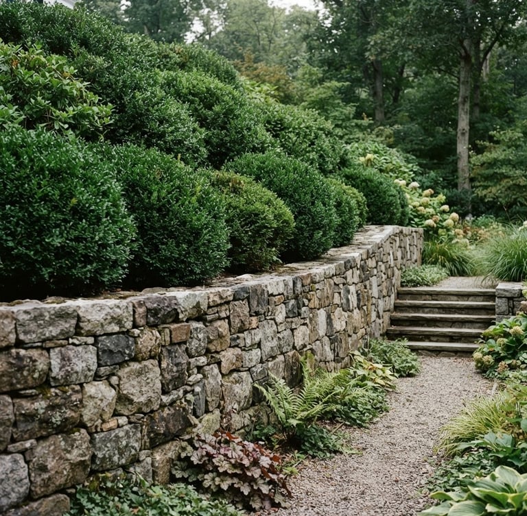 Architectural photography of a hand-laid granite retaining wall integrated with lush manicured boxwoods, soft overcast daylight, rich forest greens, 35mm