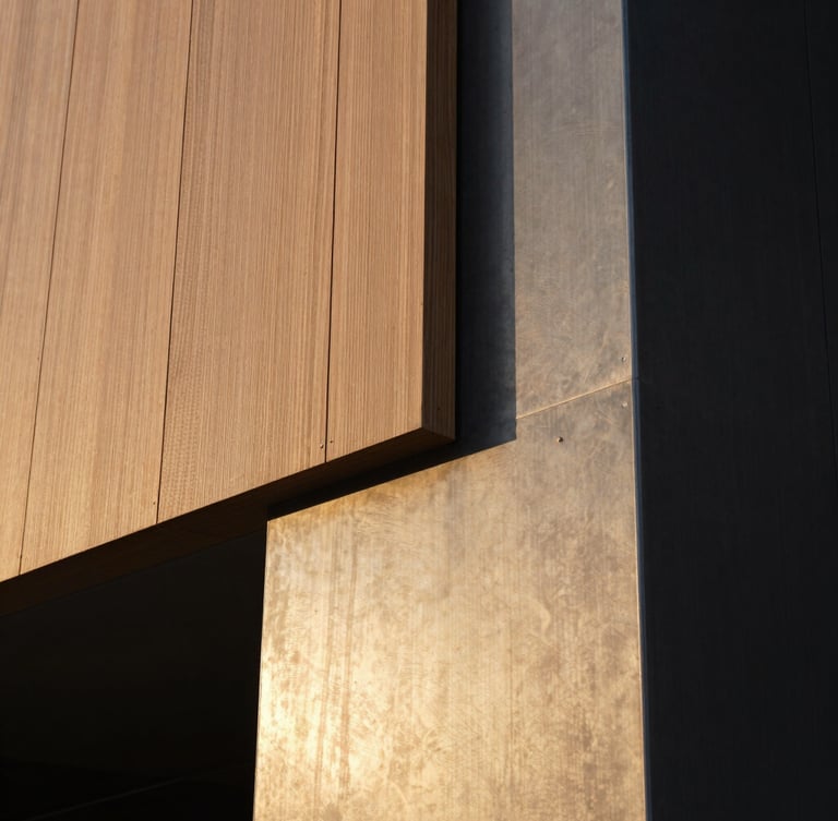 Extreme close-up of pristine material transitions, wood meeting raw steel on a modern architectural column, sharp focus, dramatic golden hour lighting
