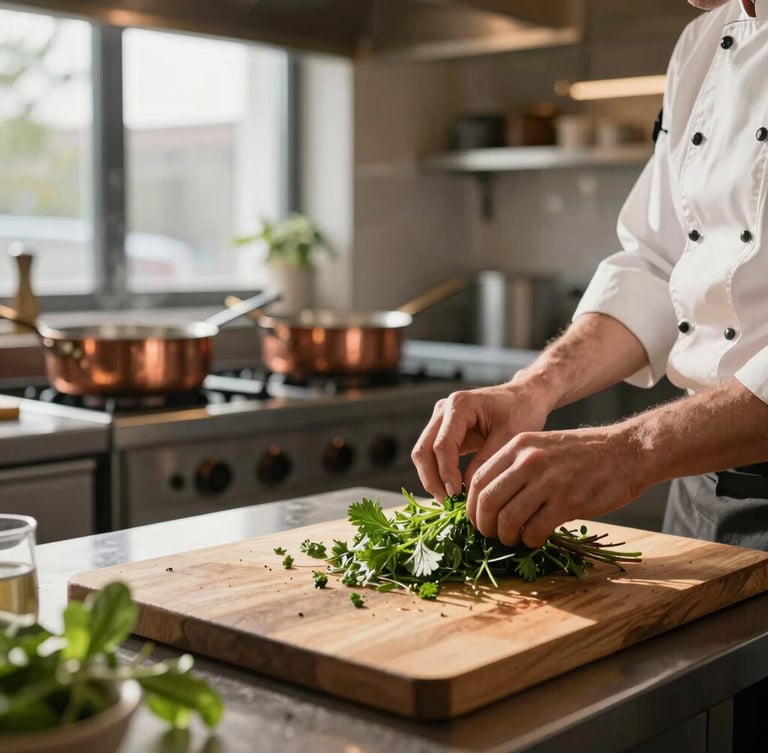 Wide environmental shot of a Scandinavian-style restaurant kitchen in the morning, soft natural side-light illuminating a chef's hands prepping fresh herbs on a wooden worktable, out-of-focus copper pans in background.