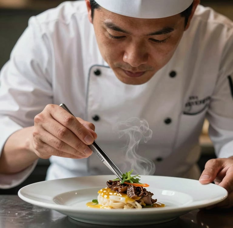 A close-up portrait of a chef carefully plating a dish with tweezers under soft side-lighting, steam gently rising