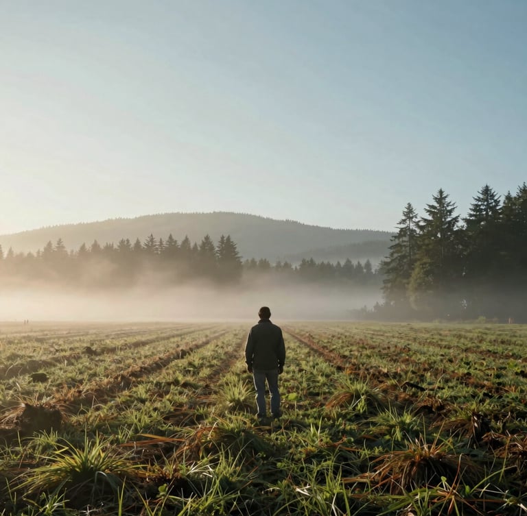 Wide environmental shot of a farmer in a misty Pacific Northwest field at dawn, low-contrast natural side-lighting, soft Scandinavian winter morning vibe.