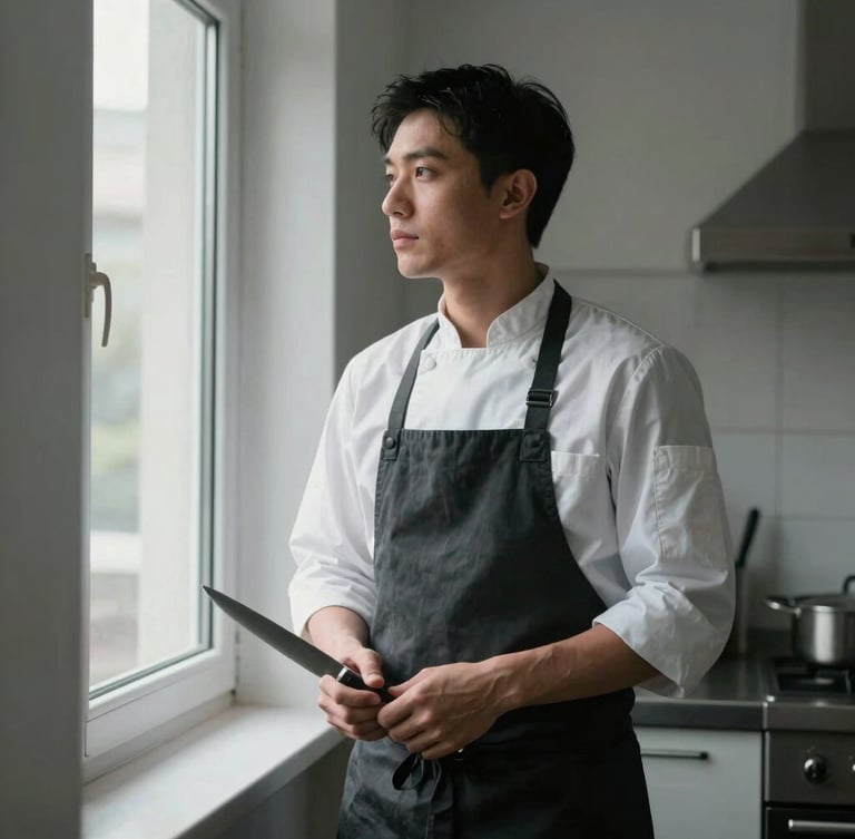 A portrait shot of a chef standing quietly by a window in a clean, minimalist kitchen, holding a steel knife, soft side-lighting, moody shadows.