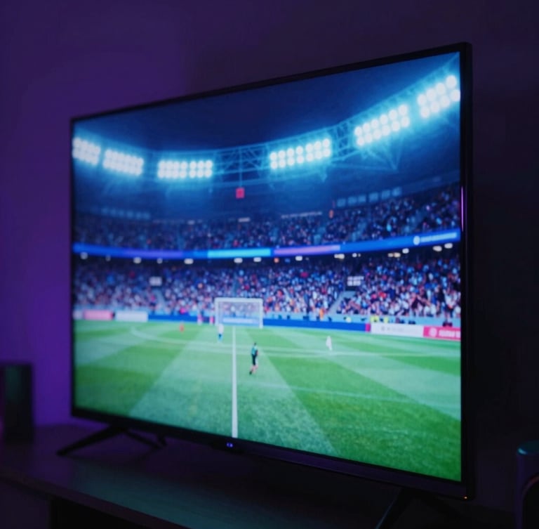 Macro close-up of a sleek smart TV screen displaying a high-action football match, glowing neon blue stadium lights reflecting off the bezel, moody dark room, 35mm