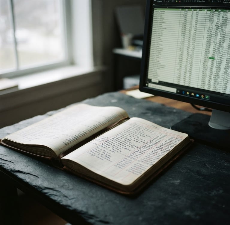 Macro close-up of a physical ledger book lying open on a dark slate desk beside a glowing monitor showing raw spreadsheet data, moody overcast window light, 35mm lens