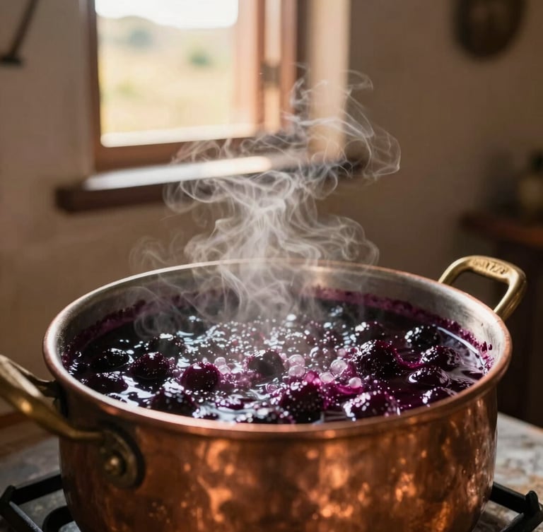 A traditional copper pot bubbling with deep purple jabuticaba jam, steam rising softly, captured in a rustic colonial kitchen with golden hour sunlight streaming through a window, warm editorial photography