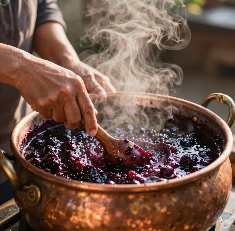 Hands of an artisanal woman producer stirring a bubbling deep purple jabuticaba jam in a traditional heavy copper pot, warm golden-hour steam rising