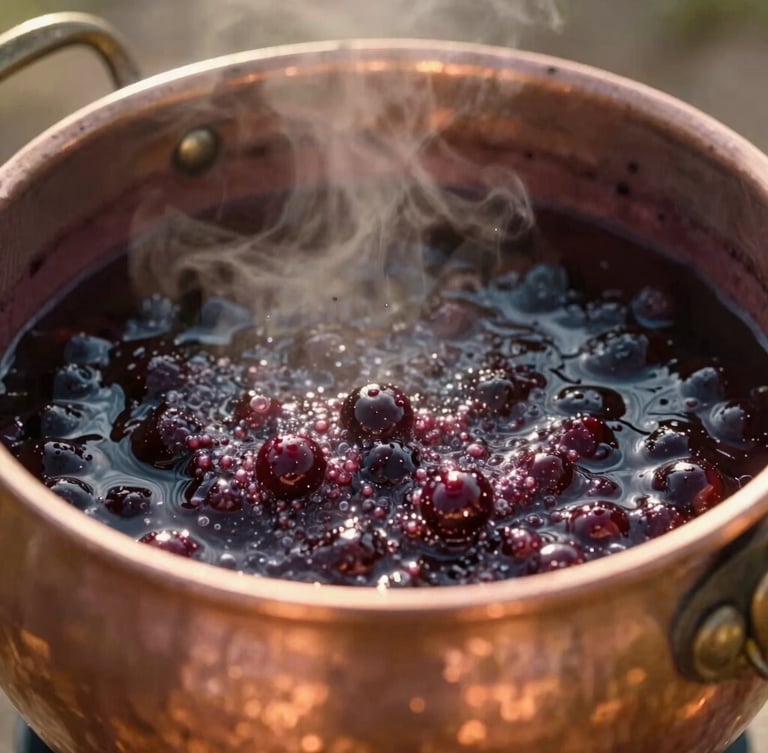 Close-up of bubbling dark purple jabuticaba jam in a large traditional copper pot, steam rising, warm golden hour light reflecting on the copper rim, editorial style.