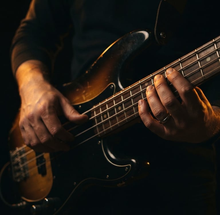 Moody close-up of hands playing a bass guitar, warm amber rim lighting highlighting the strings and fretboard, dark background, 50mm lens