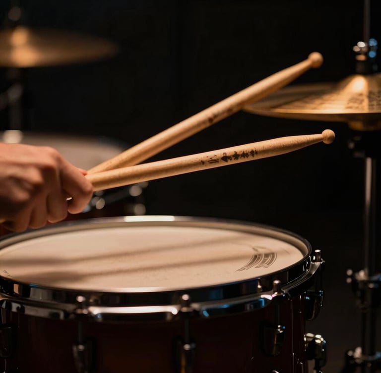 Tight macro shot of drum sticks hitting a snare drum, moody studio lighting, warm amber rim light, high contrast, 50mm lens