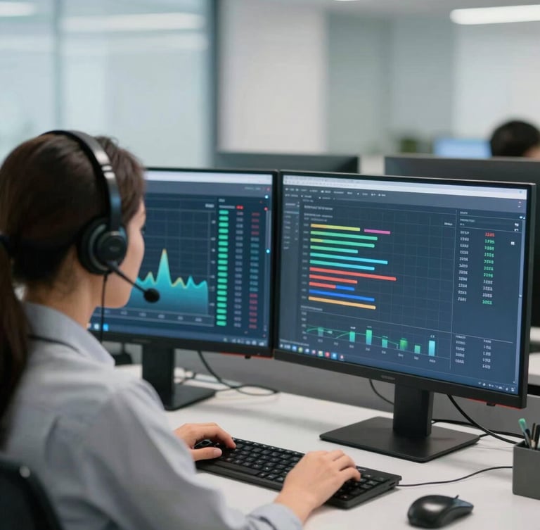 Medium over-the-shoulder shot of a focused bilingual agent wearing a professional headset, analyzing real-time conversion metrics on dual monitors in a clean, modern corporate workspace, bright cool-toned lighting.
