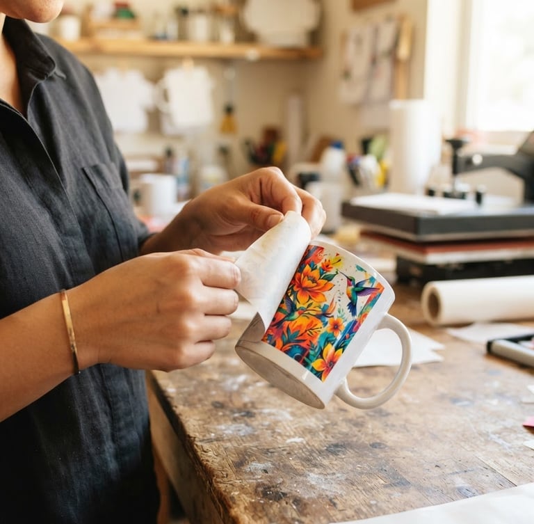 Manos de una persona latina pelando cuidadosamente un papel de sublimación para revelar un diseño vibrante en una taza blanca, en un entorno de taller casero limpio y cálido con luz natural, enfoque en las manos y la taza, shallow depth of field.