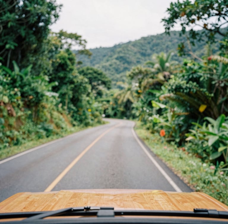 First-person perspective from inside an open-air 4x4 vehicle navigating a winding green mountain road in Puerto Rico, lush tropical foliage, bright natural daylight, 35mm lens, shallow depth of field