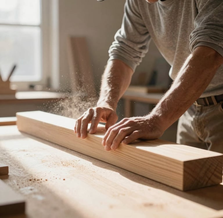 A master carpenter in a sunlit workshop, dust particles visible in morning light beams, hand-planing a large oak beam, warm neutral tones, 35mm