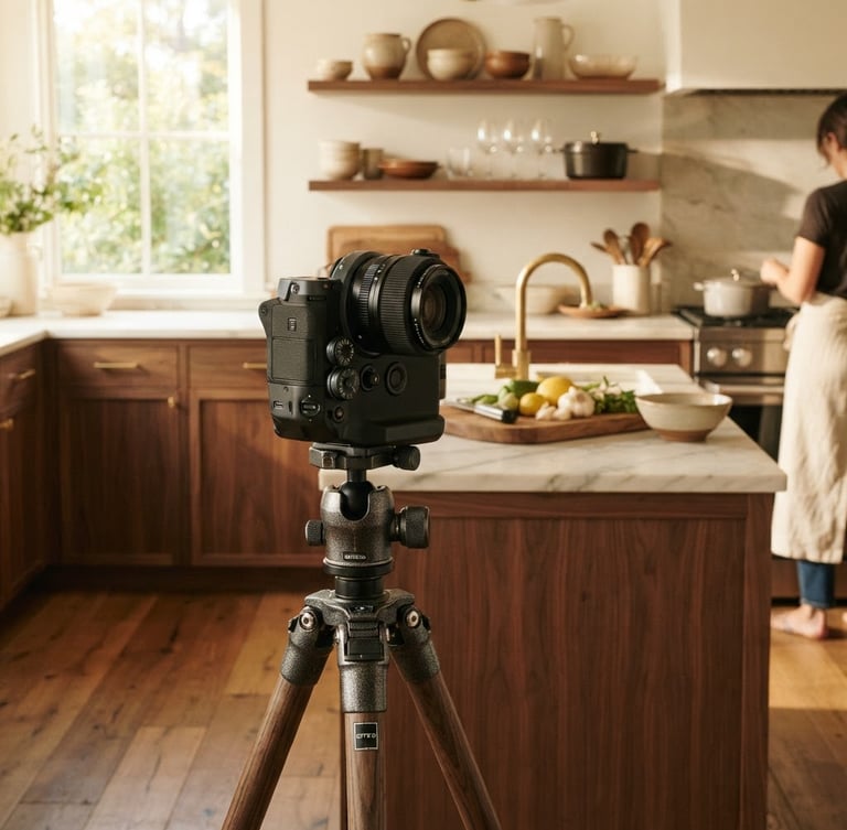 Warm editorial photography of a modern sunlit kitchen, a professional mirrorless camera on a wooden tripod in the foreground, shallow depth of field, 35mm