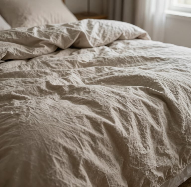 A crumpled, unmade bed layered with a heavy-gauge oatmeal bed quilt and bone linen sheets, soft morning light, shallow depth of field