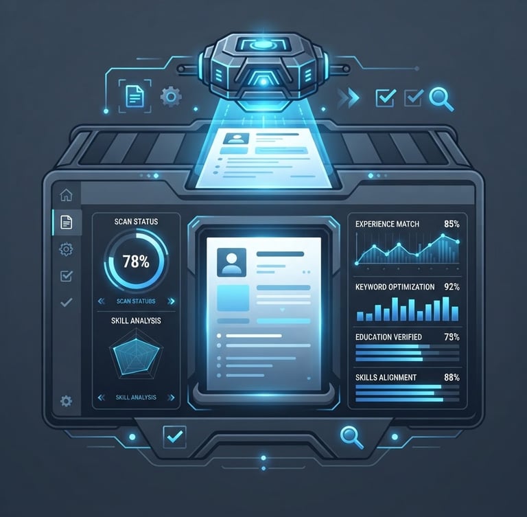 Sleek digital product illustration of an ATS resume scanner interface, dark slate gray background, glowing electric blue highlights, clean geometric vector style