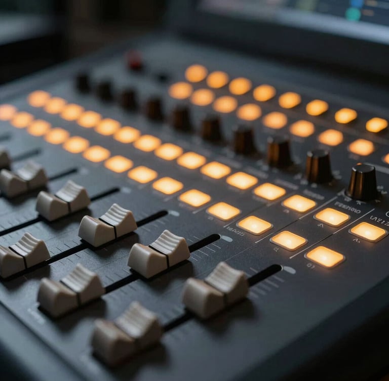 Extreme close-up of a technical AV control console in a dark venue, glowing amber LED indicators, sharp focus on faders, soft background blur.