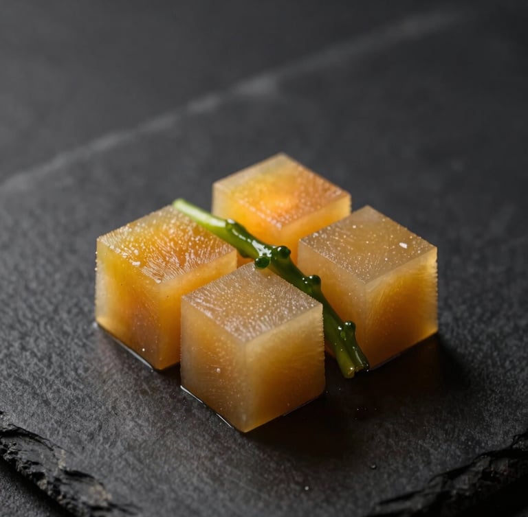 Extreme close-up of a meticulously plated culinary dish, dark slate background, warm amber spotlight highlighting texture and clean geometry