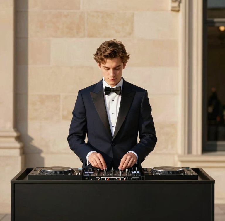 A young, sharply dressed DJ in a tuxedo behind a minimalist matte black DJ booth, warm golden-hour indoor lighting, elegant historic stone wall background, soft focus, editorial style