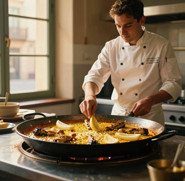 Warm editorial photography of a professional chef guiding hands-on paella preparation in a sunlit historic Barcelona kitchen, golden-hour window light, rich Mediterranean tones, shallow depth of field, 35mm film feel.