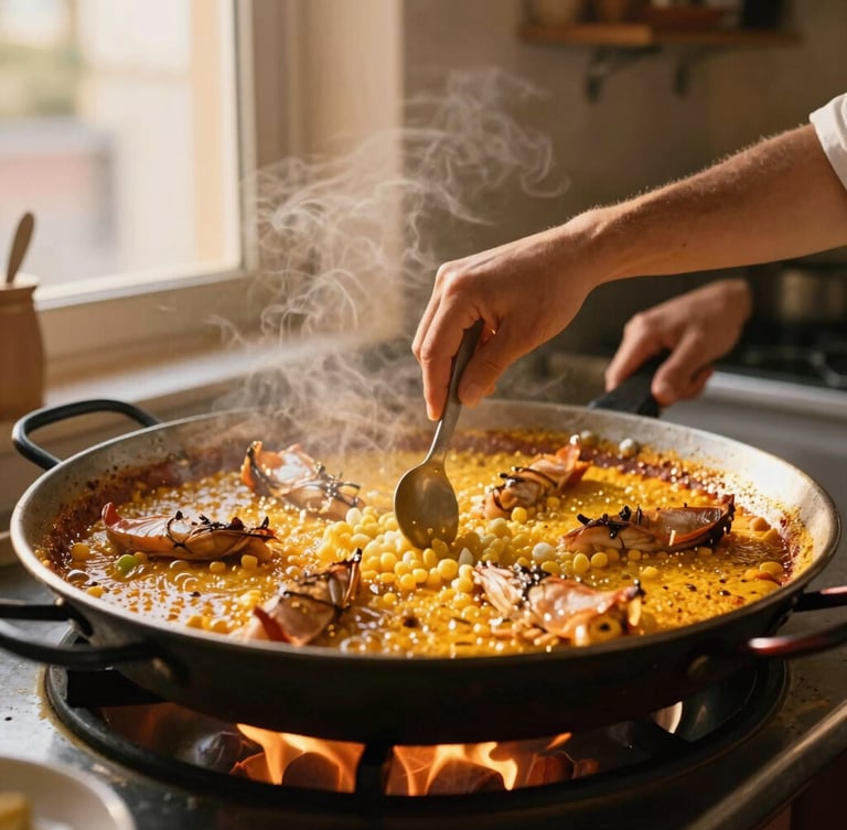Hands stirring a bubbling paella over an open flame in a sunlit Gràcia kitchen, warm golden hour light, 35mm film feel