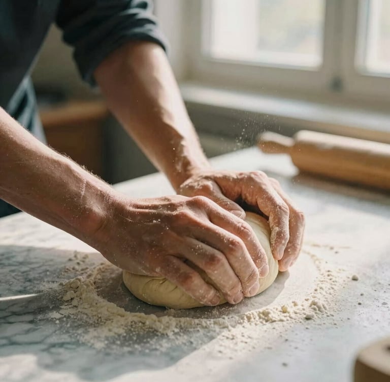 Close-up of hands kneading artisanal dough on a marble counter, flour dusting the air, soft morning window light, 35mm film feel