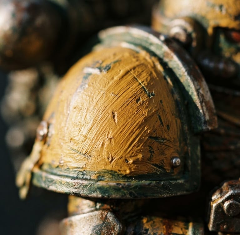 Extreme macro close-up of a hand-painted 3D printed figure armor plate, showing rich ocher acrylic brush stroke textures under warm side daylight, 35mm film style
