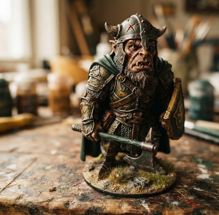 Extreme macro close-up of a hand-painted collectible figure on a wooden workshop table, soft side daylight, ocher and dark green tones, 35mm film photography